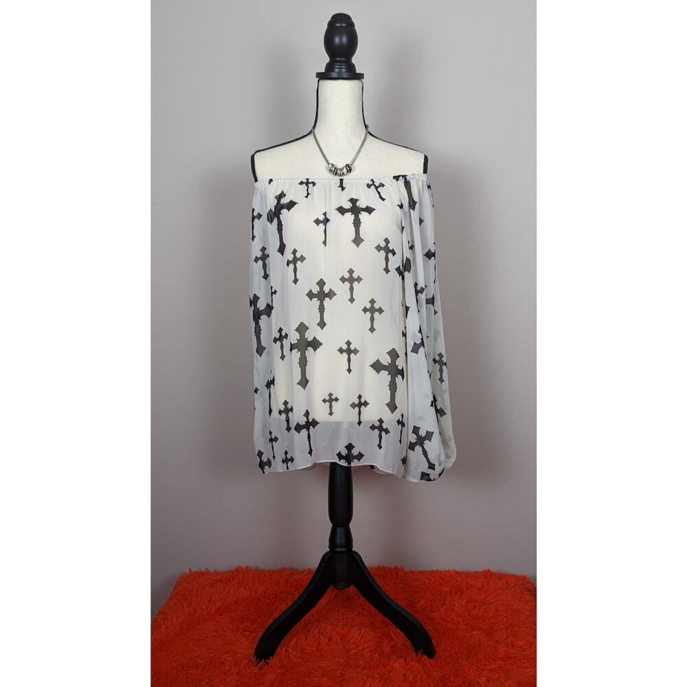 R Rouge Cream & Black Gothic Cross Elastic Neck Long Sleeve Sheer Blouse 2XL